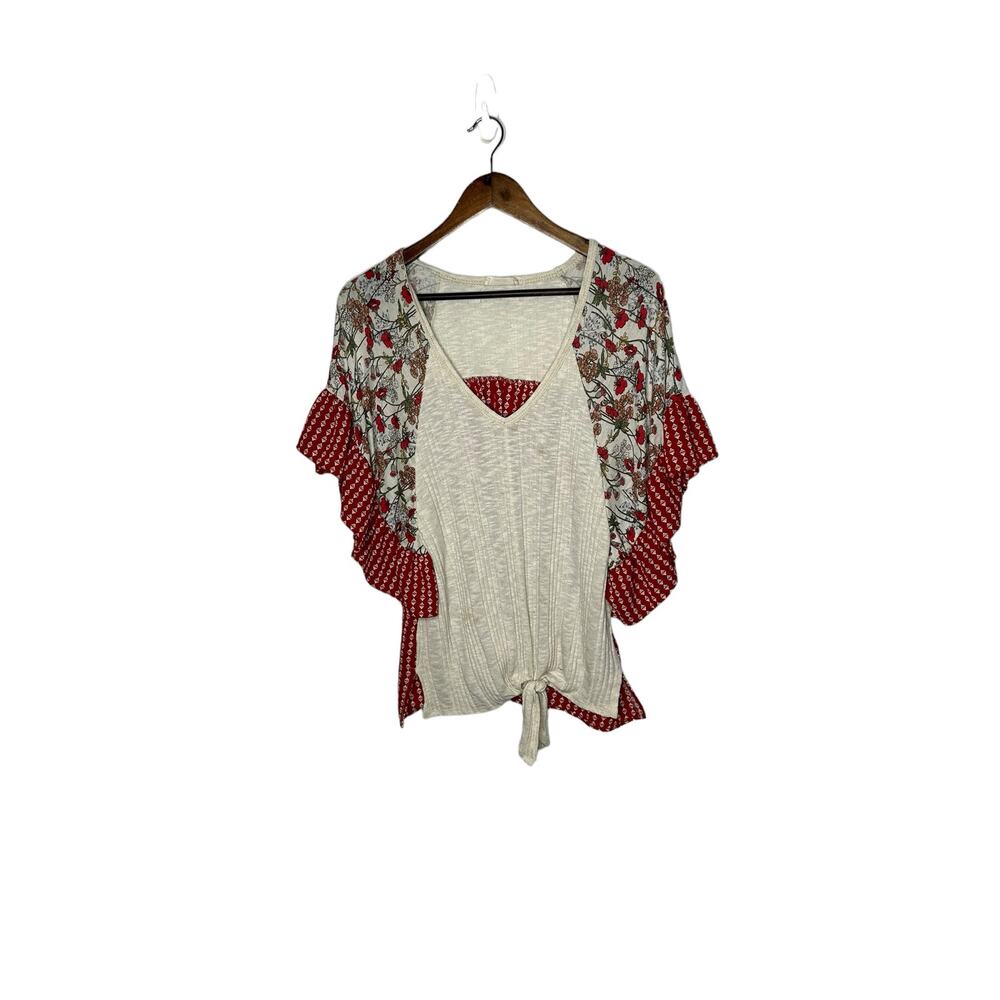 Hummingbird boutique womens popover blouse red floral ruffle sleeves‎ S